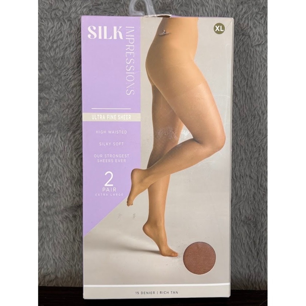 Silk Impressions 2 Pair Ultra Fine Sheer High Waisted Tights XL Rich Tan 15D